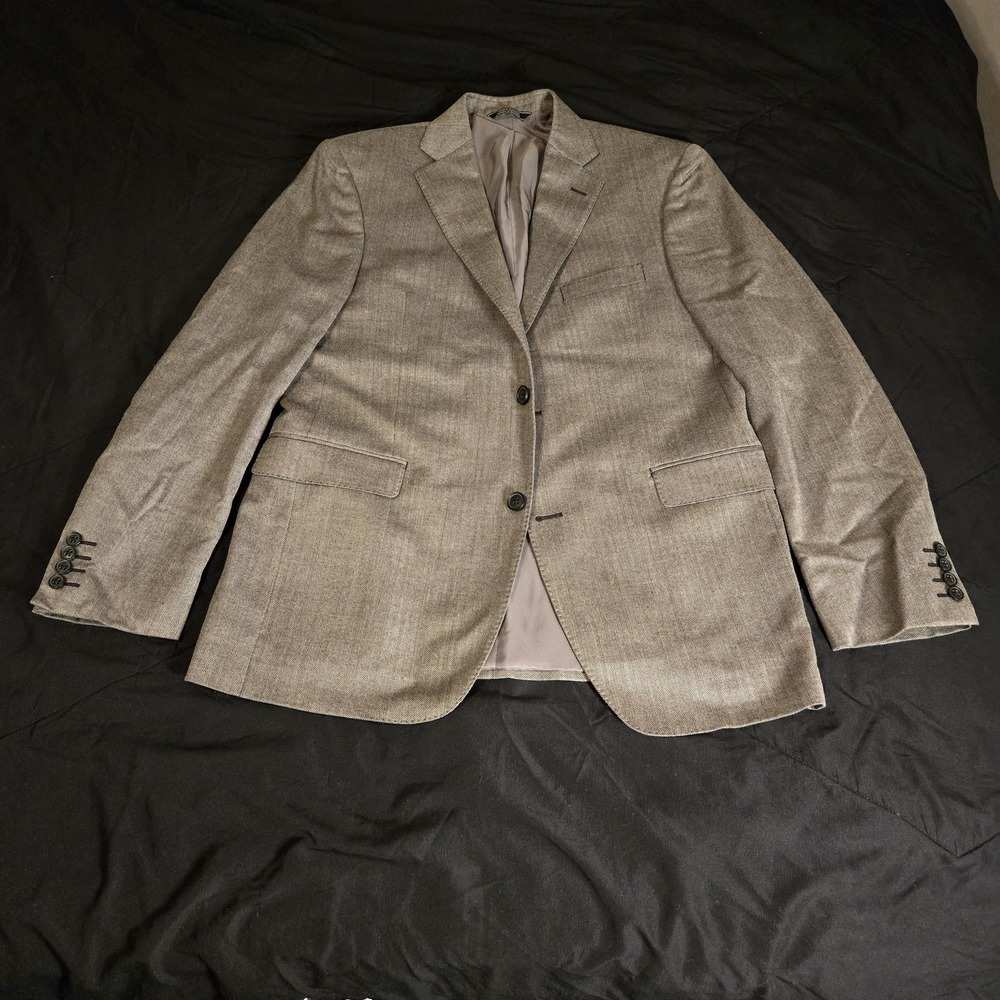 Saks Fifth Avenue Sport Coat Mens 42R Gray Silk Wool Herringbone Slim Fit Blazer